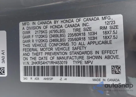 2024 Honda Cr-V Ex-L Awd from USA, damaged, VIN 2HKRS4H71RH453019